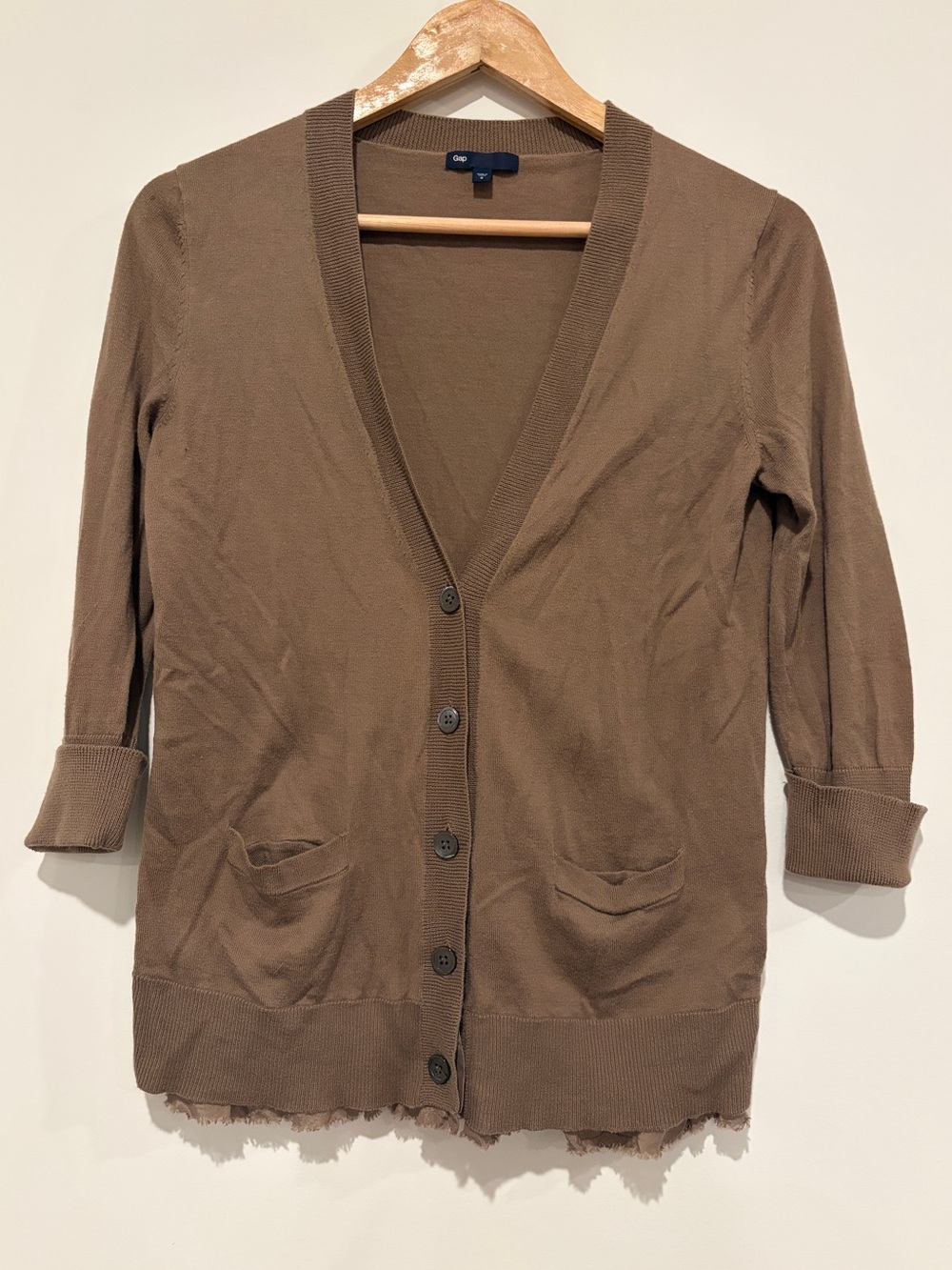 Gap Size S Brown V-Neck Button Front Cardigan Layered Lace Ruffle Trim Sweater
